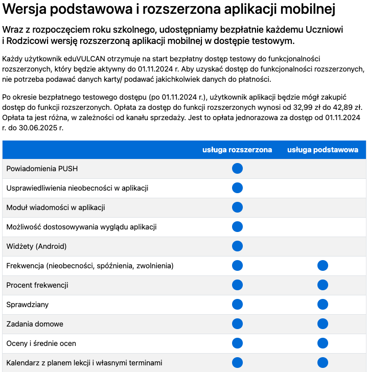 Porównanie funkcji wersji płatnej a darmowej eduVULCAN